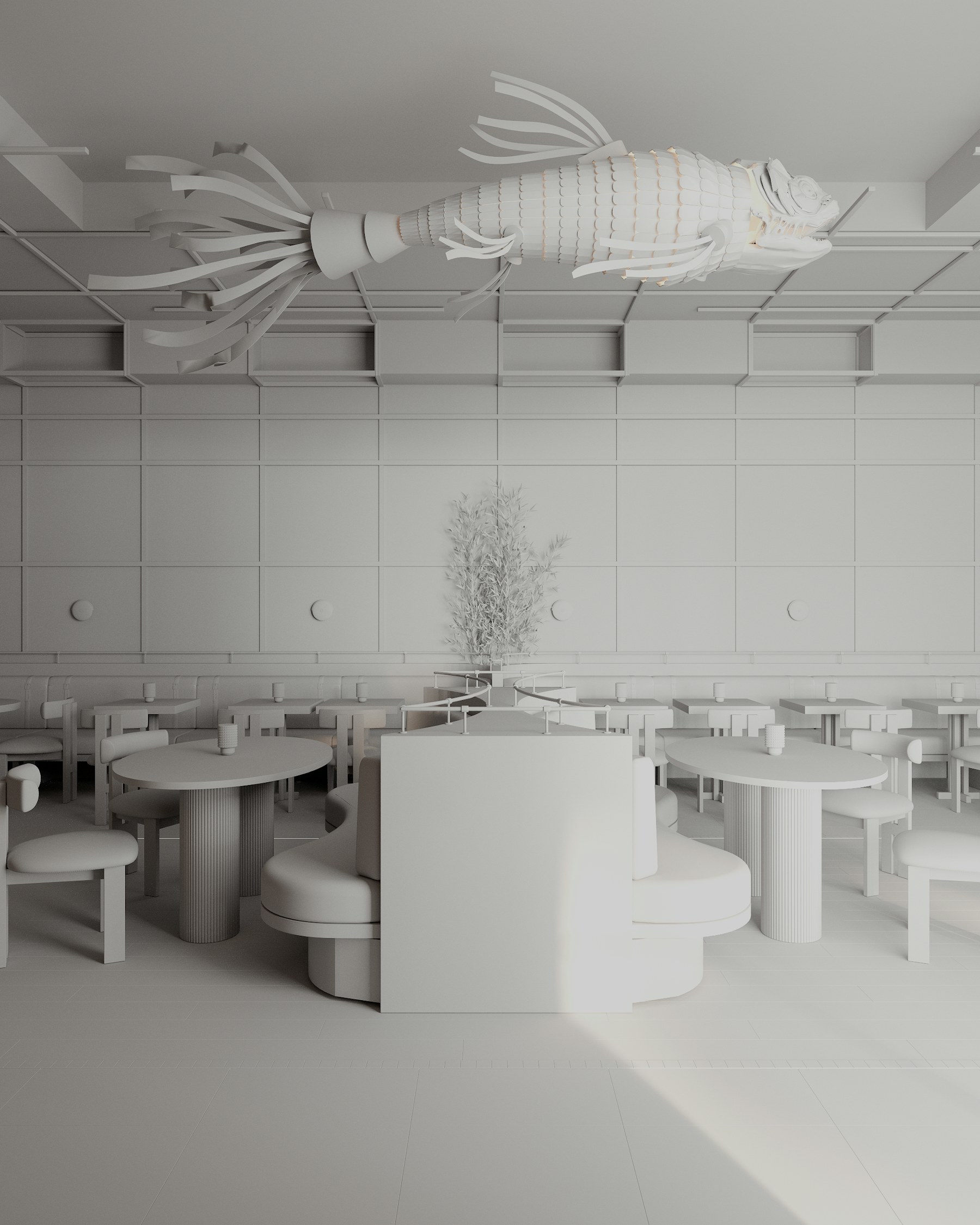 Monochrome restaurant concept with sculptural ceiling art and curved seating